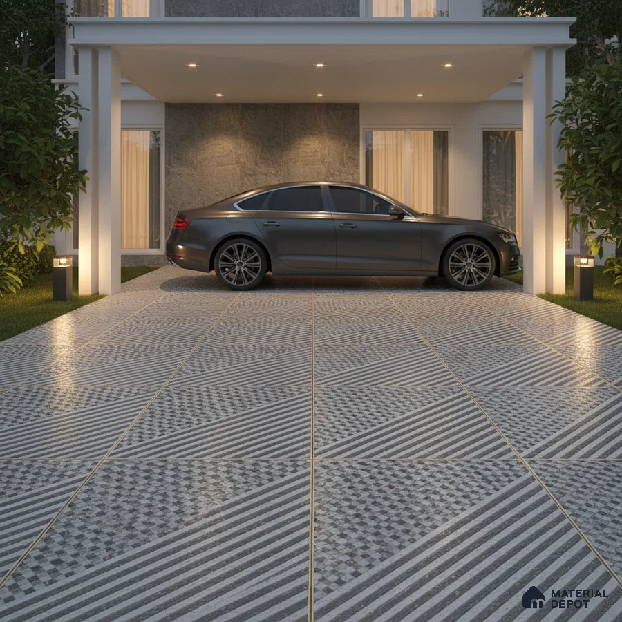 Modern parking with geometric grey and white patterned anti-skid floor tiles