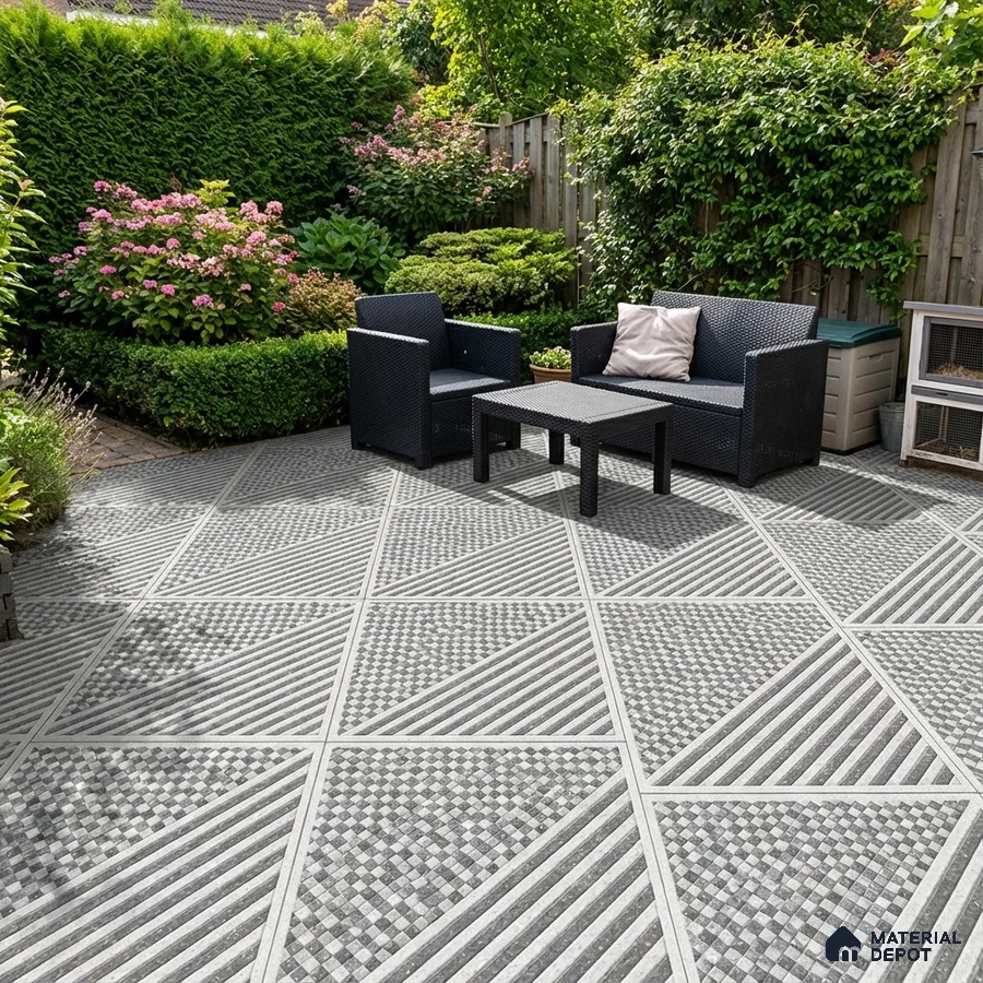 Modern outdoor patio with geometric patterned grey and white floor tiles