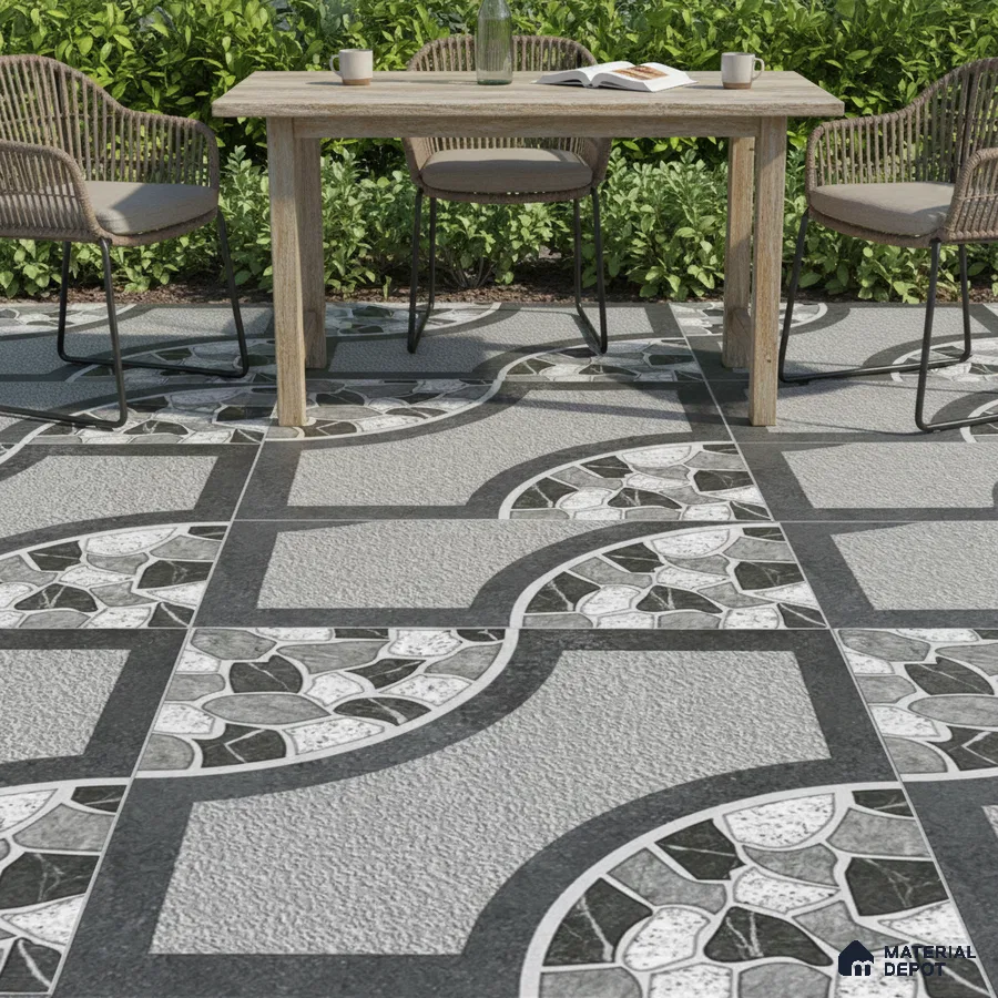 Modern outdoor space with geometric patterned grey and black floor tiles