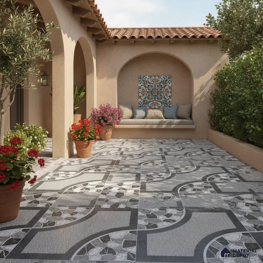 Mediterranean outdoor patio with patterned grey and black floor tiles and terracotta roof
