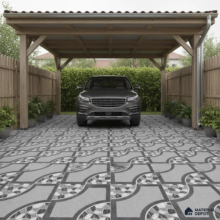 Modern parking area with geometric patterned grey and black outdoor floor tiles
