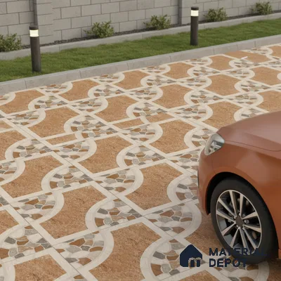 Modern parking with terracotta and beige geometric patterned outdoor floor tiles