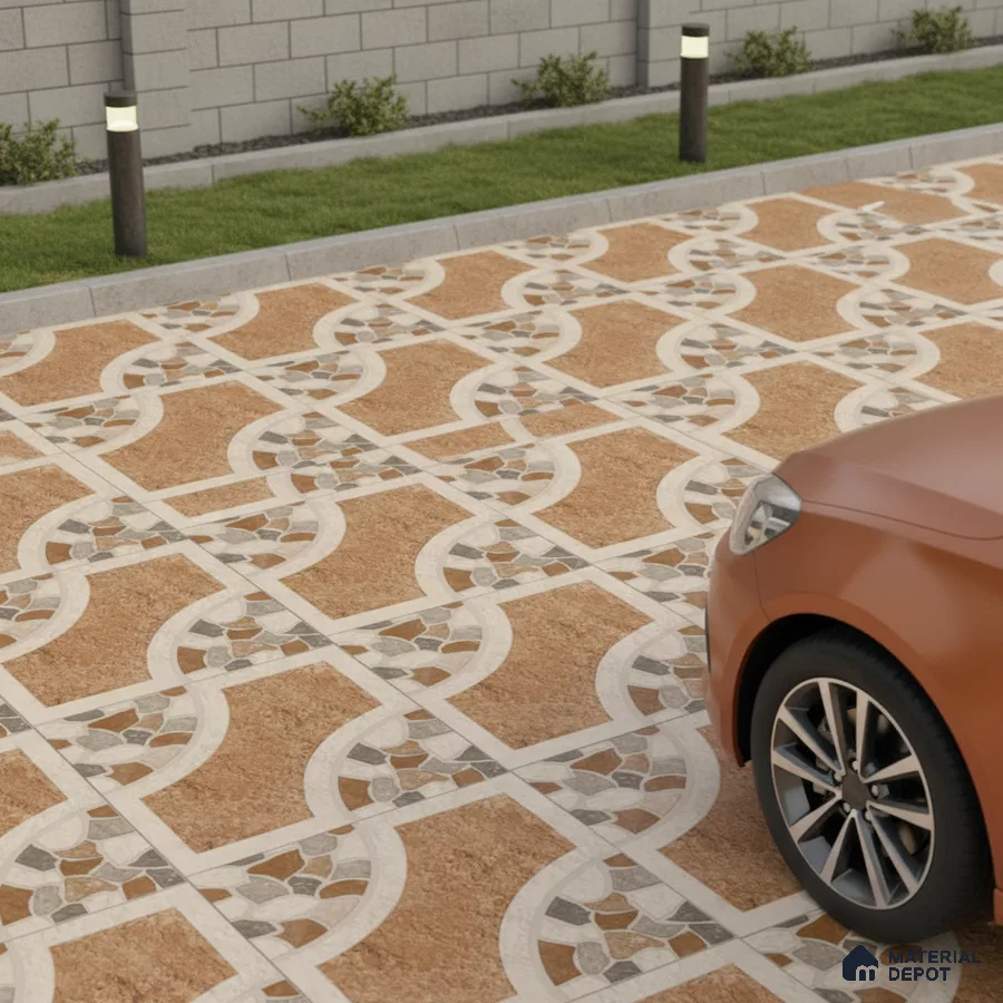 Modern parking with terracotta and beige geometric patterned outdoor floor tiles