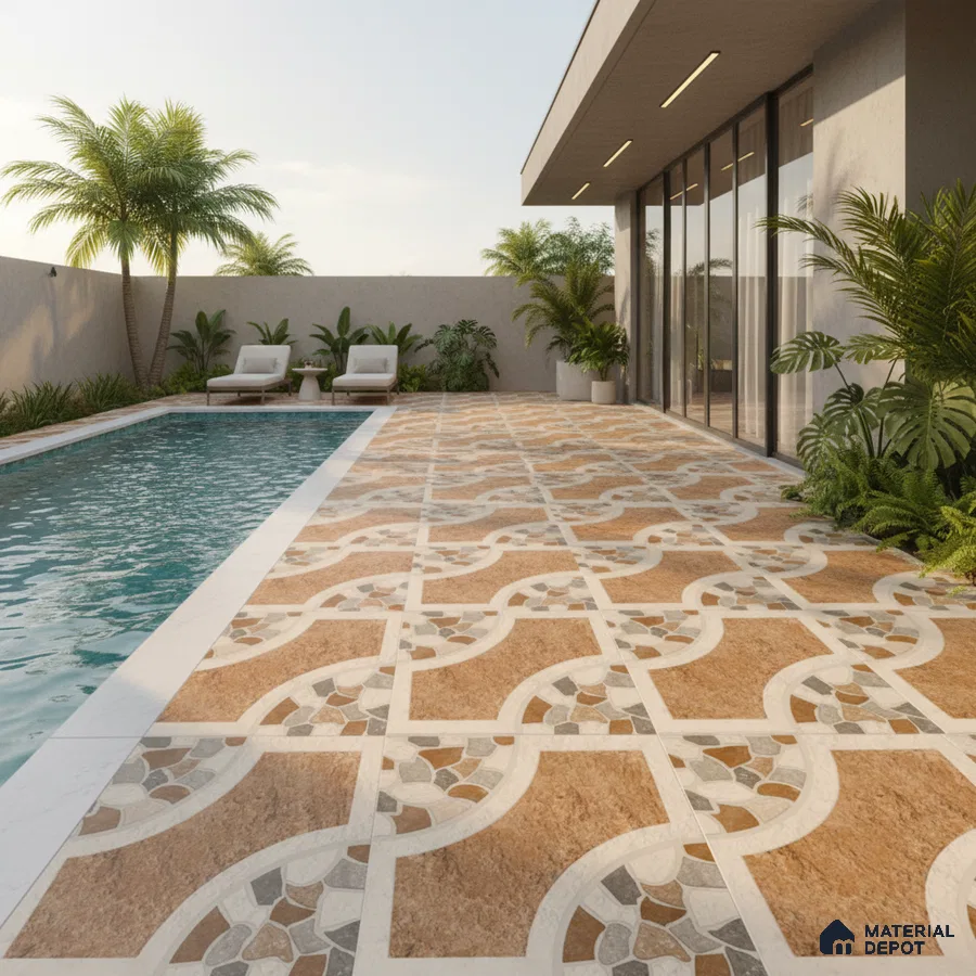 Mediterranean outdoor poolside with terracotta and mosaic patterned floor tiles