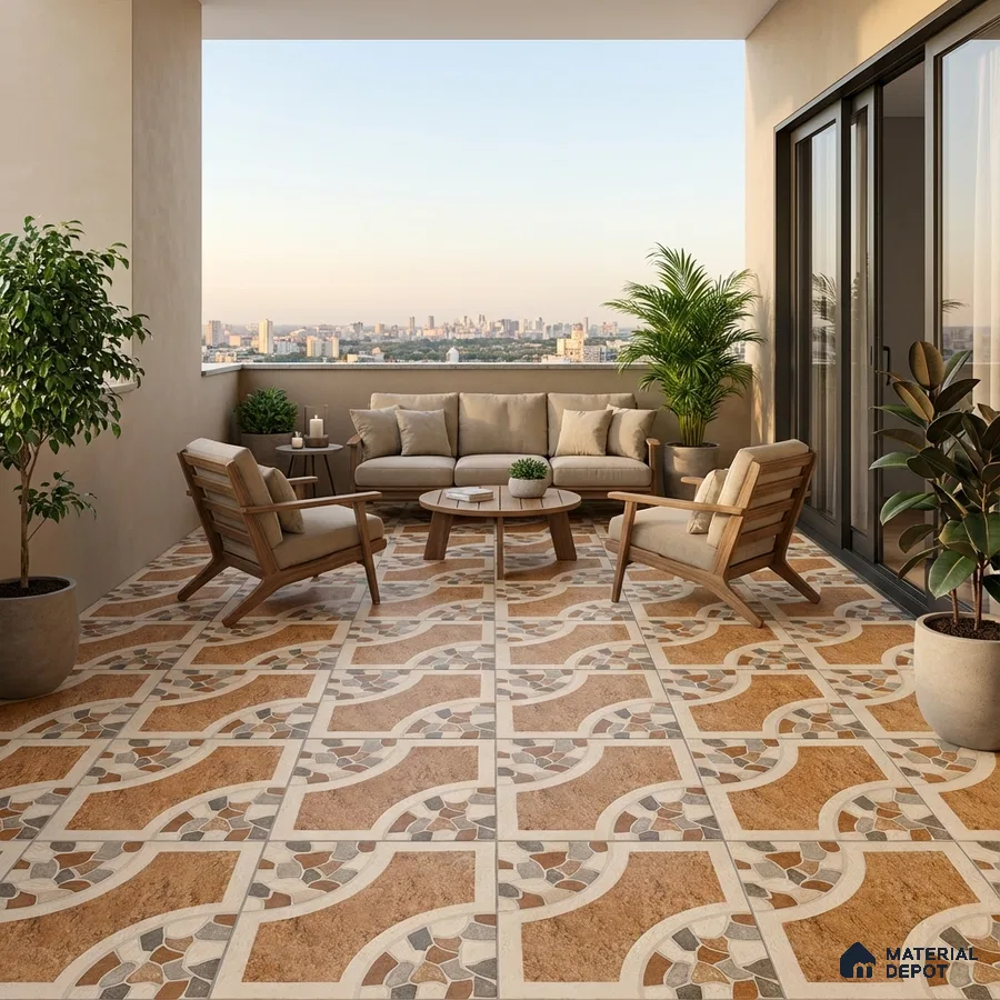Modern balcony with geometric patterned terracotta floor tiles and wooden outdoor furniture