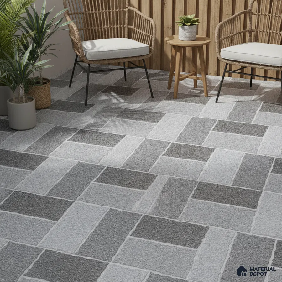 Scandinavian balcony with grey geometric textured floor tiles and natural wood louver wall