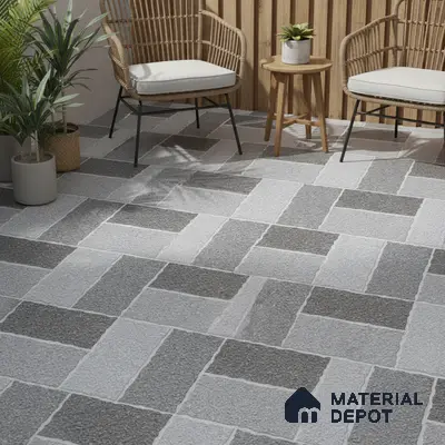 Scandinavian balcony with grey geometric textured floor tiles and natural wood louver wall