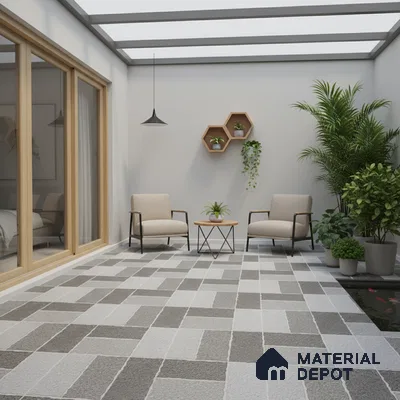 Minimalist outdoor patio with grey and white geometric floor tiles and wood accent decor
