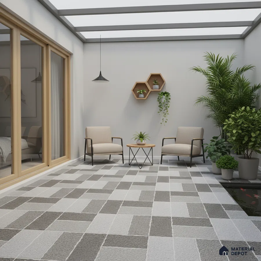 Minimalist outdoor patio with grey and white geometric floor tiles and wood accent decor