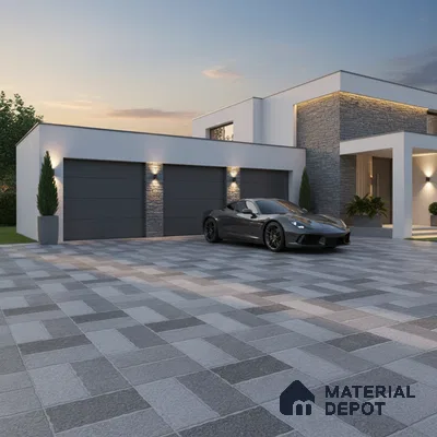Modern parking with grey stone cladding, matte grey garage doors, and patterned outdoor floor tiles