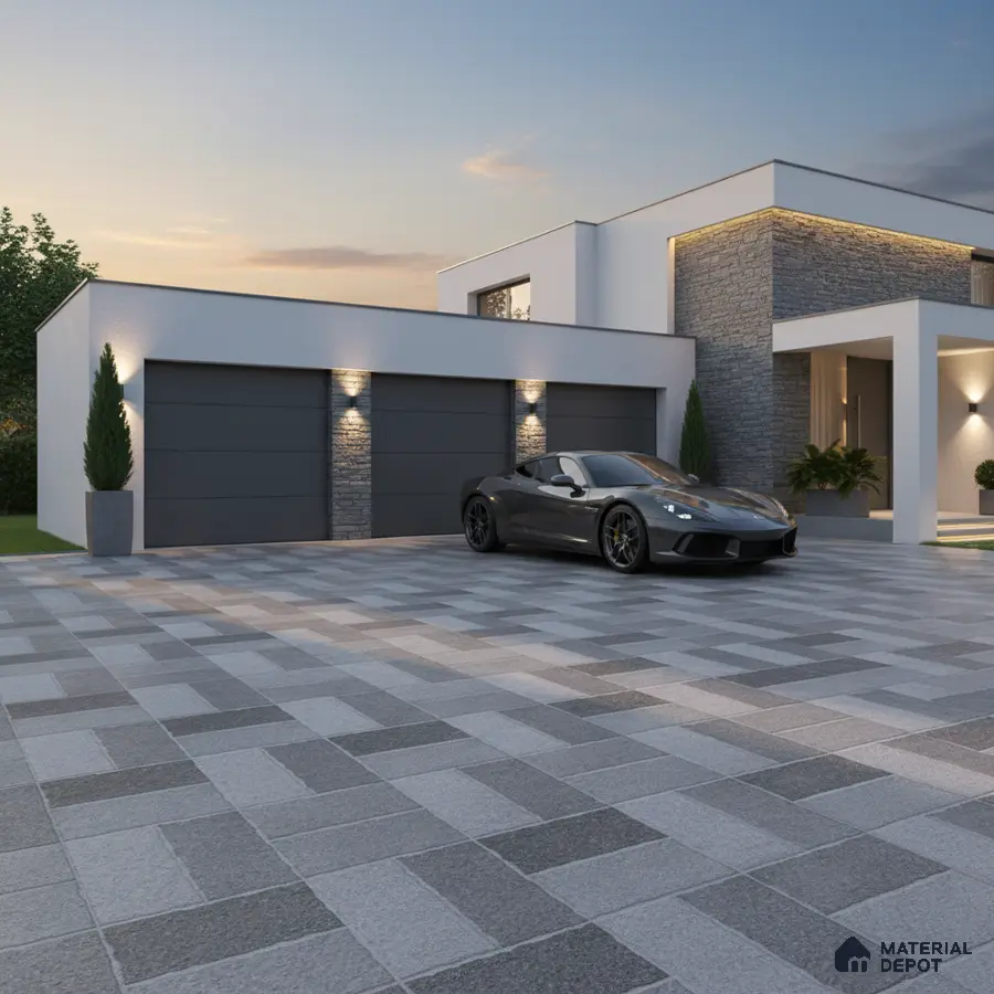Modern parking with grey stone cladding, matte grey garage doors, and patterned outdoor floor tiles