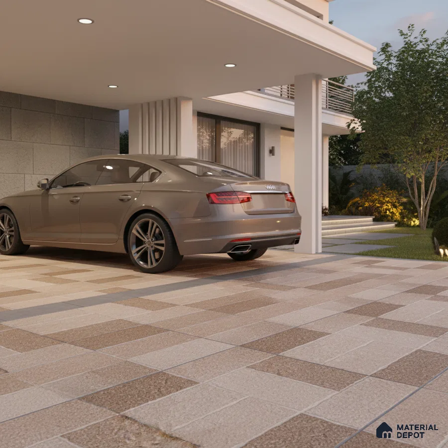 Modern parking with beige and brown anti-skid outdoor floor tiles and stone cladding wall