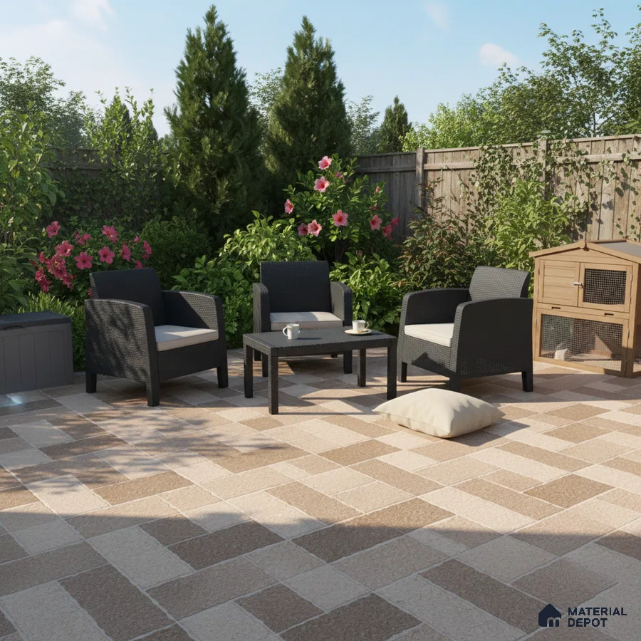 Modern outdoor patio with beige and brown geometric floor tiles and rattan furniture