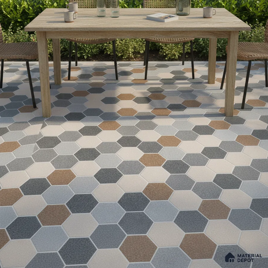 Modern outdoor space with multicolor hexagonal floor tiles and natural wood dining table