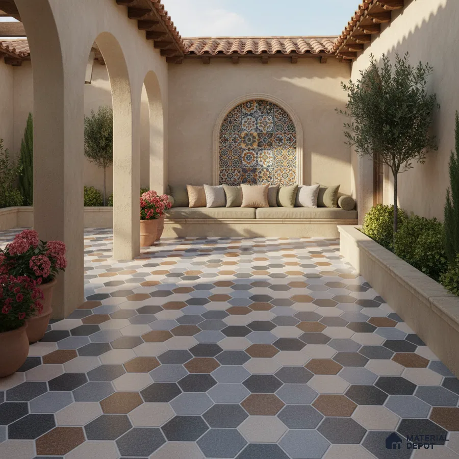 Mediterranean outdoor courtyard with hexagonal floor tiles and patterned mosaic accent wall