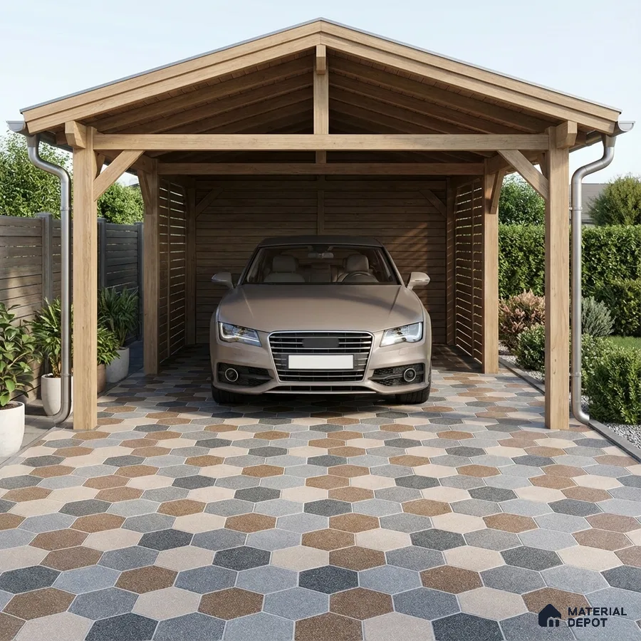 Modern parking with hexagonal multicolor outdoor tiles and natural wood carport structure