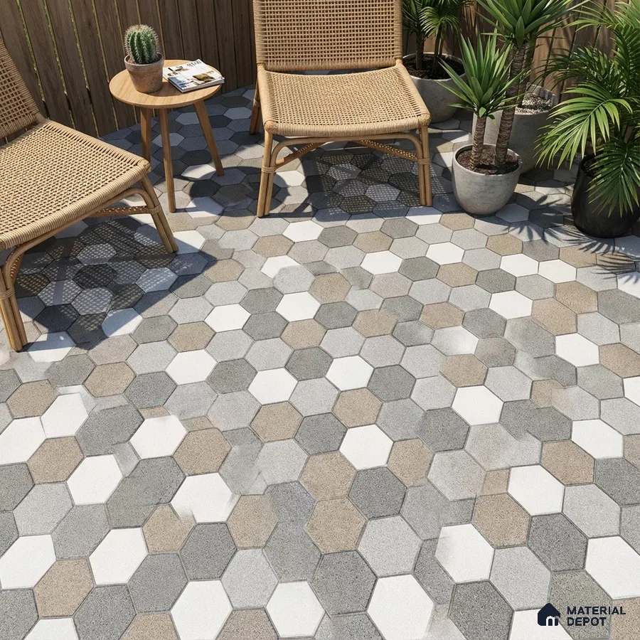 Scandinavian outdoor seating with beige and grey hexagonal floor tiles