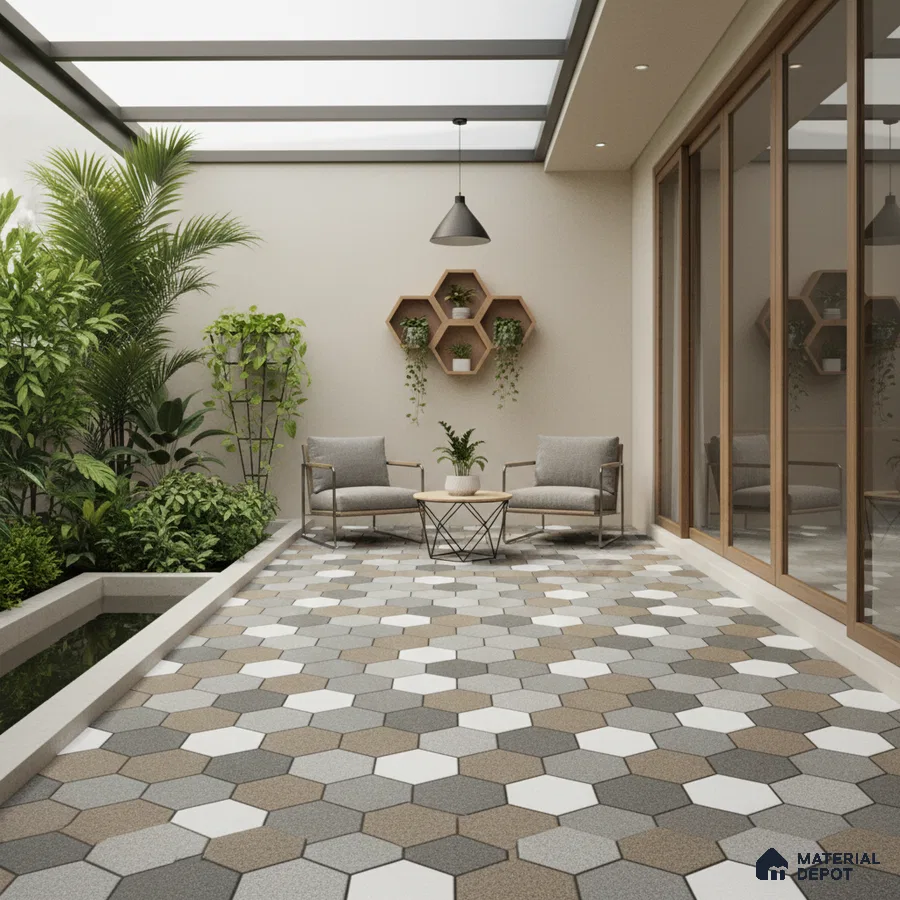 Modern outdoor patio with hexagonal grey and beige floor tiles and natural wood accents