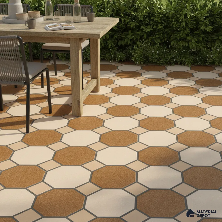 Mediterranean outdoor dining with terracotta and cream octagonal floor tiles