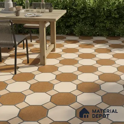Mediterranean outdoor dining with terracotta and cream octagonal floor tiles