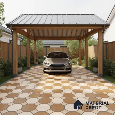 Modern parking with octagonal terracotta and cream outdoor floor tiles and wooden frame metal roof