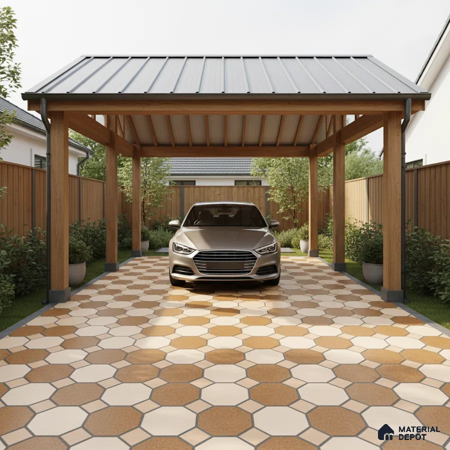 Modern parking with octagonal terracotta and cream outdoor floor tiles and wooden frame metal roof