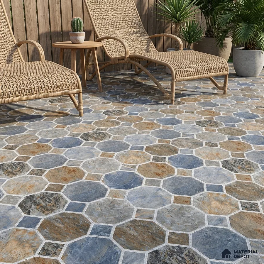 Modern outdoor space with blue and brown stone-look octagonal floor tiles