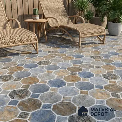 Modern outdoor space with blue and brown stone-look octagonal floor tiles