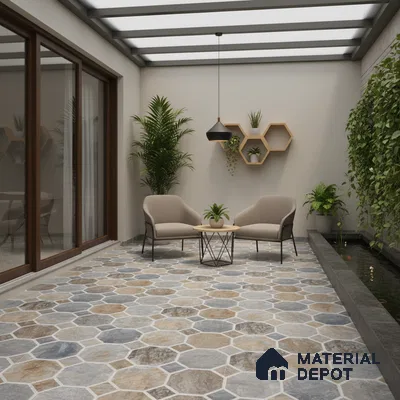 Modern outdoor space with hexagonal stone-look floor tiles and vertical garden wall