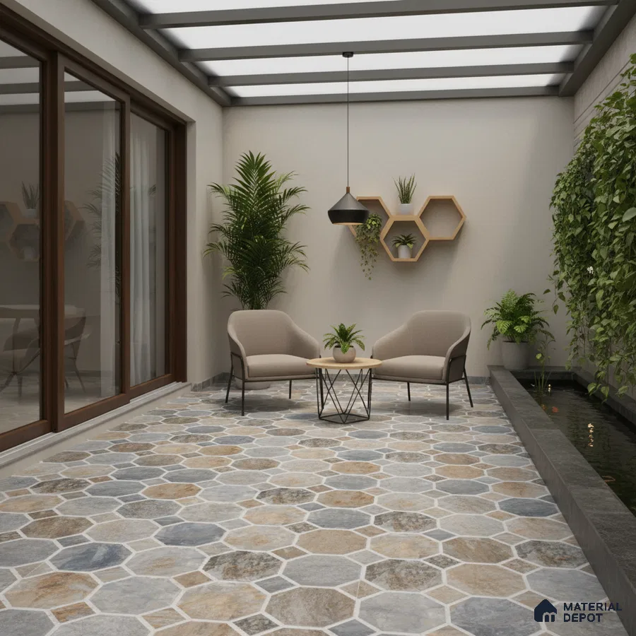 Modern outdoor space with hexagonal stone-look floor tiles and vertical garden wall