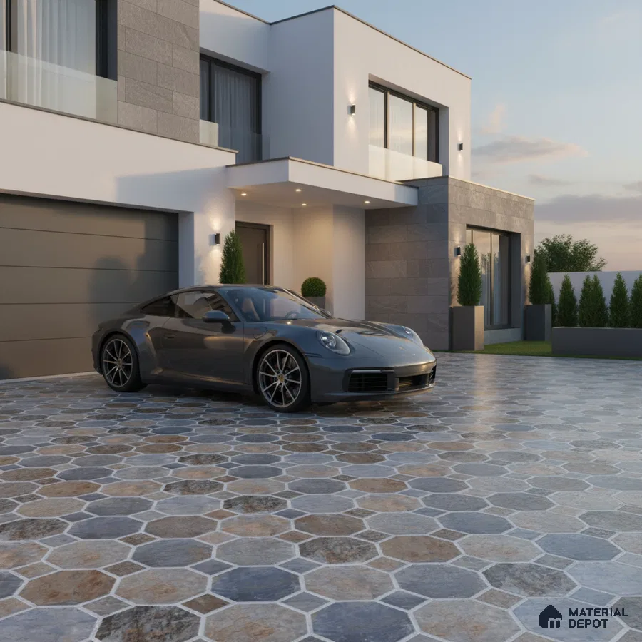 Modern parking with grey stone cladding and multicolor hexagonal outdoor floor tiles