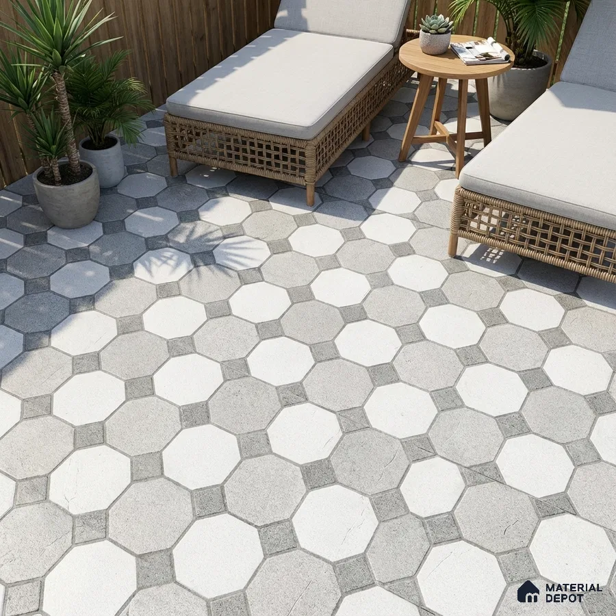 Modern outdoor space with grey and white octagonal floor tiles and rattan loungers