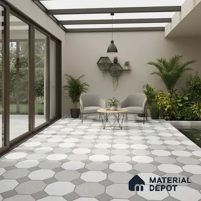 Modern balcony with grey and white hexagonal floor tiles and minimalist outdoor seating