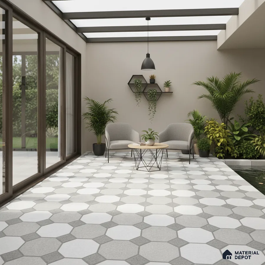 Modern balcony with grey and white hexagonal floor tiles and minimalist outdoor seating