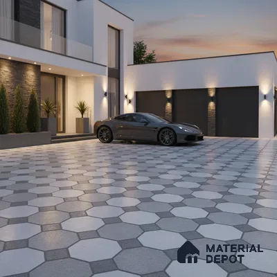 Modern parking with grey and white octagonal floor tiles and stone cladding accent