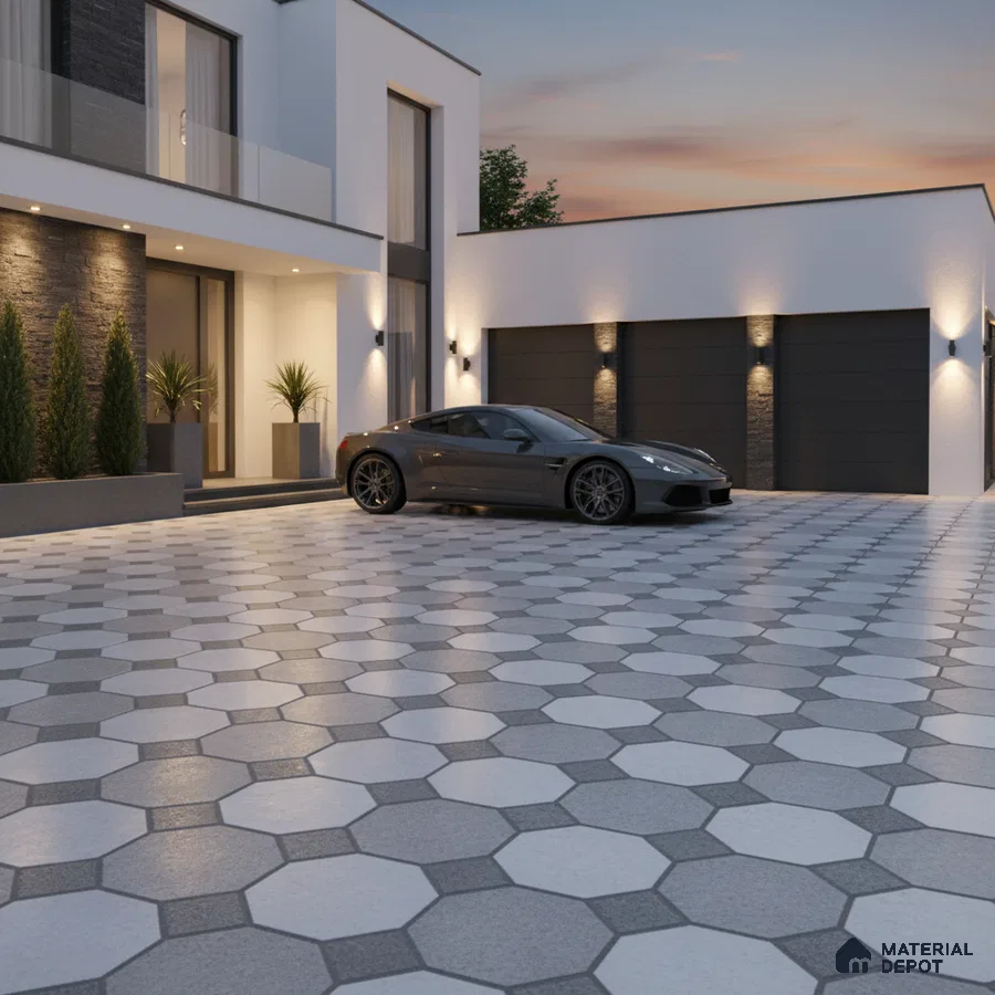 Modern parking with grey and white octagonal floor tiles and stone cladding accent