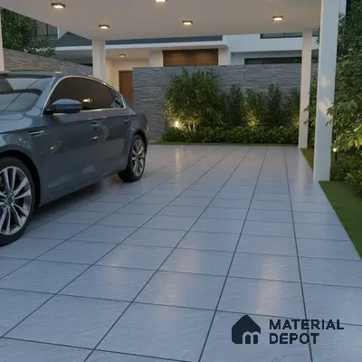 Modern parking with light grey stone-look floor tiles and textured stone cladding wall