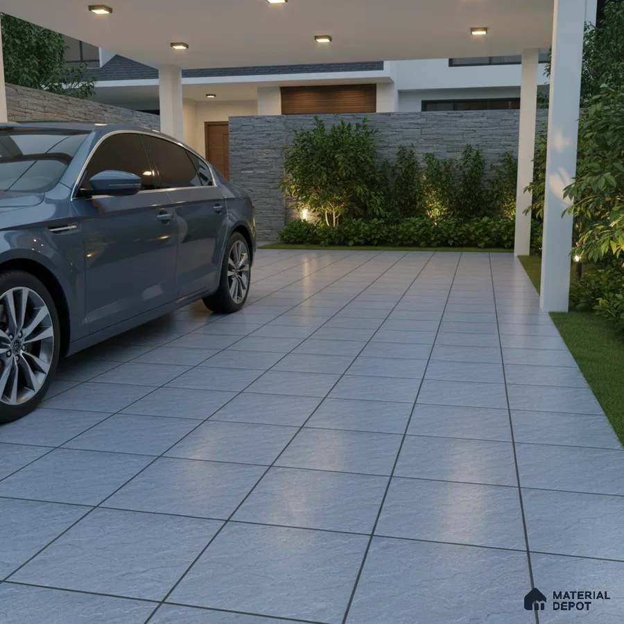 Modern parking with light grey stone-look floor tiles and textured stone cladding wall