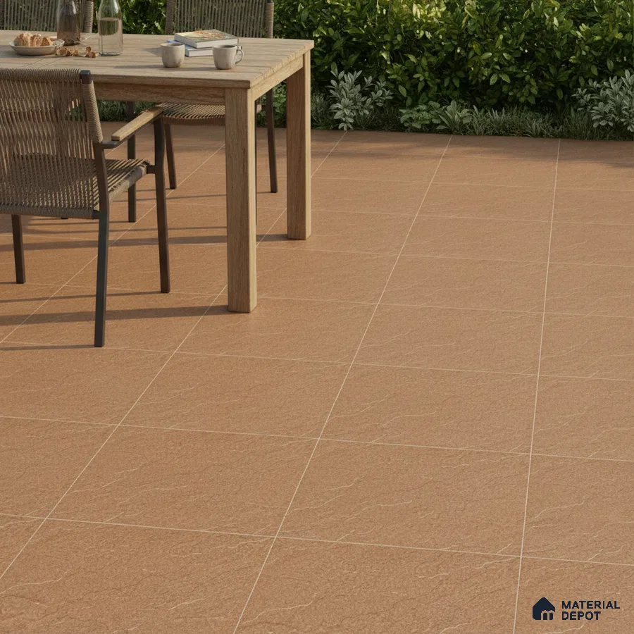 Modern outdoor space with terracotta stone-look floor tiles and natural wood dining set