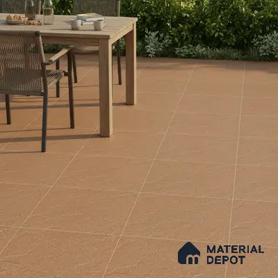 Modern outdoor space with terracotta stone-look floor tiles and natural wood dining set