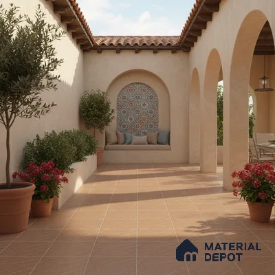 Mediterranean outdoor patio with terracotta floor tiles and patterned moroccan accent wall tile