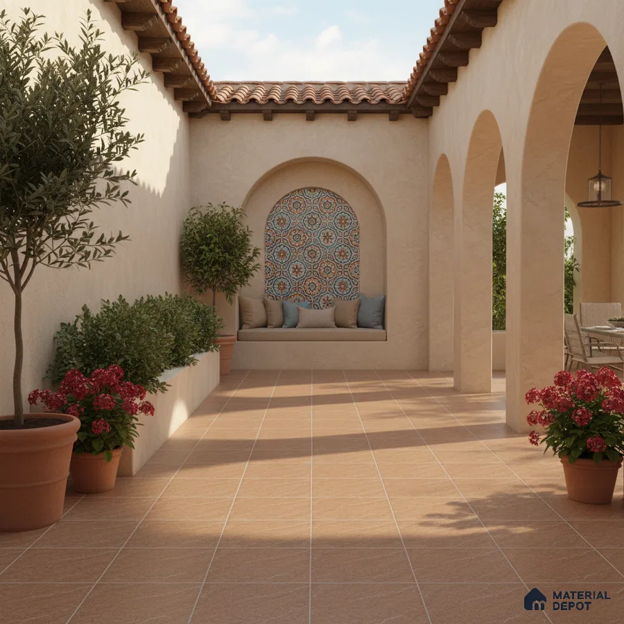 Mediterranean outdoor patio with terracotta floor tiles and patterned moroccan accent wall tile