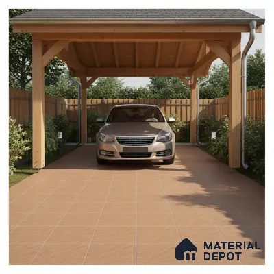 Modern parking with terracotta floor tiles and exposed wooden structure