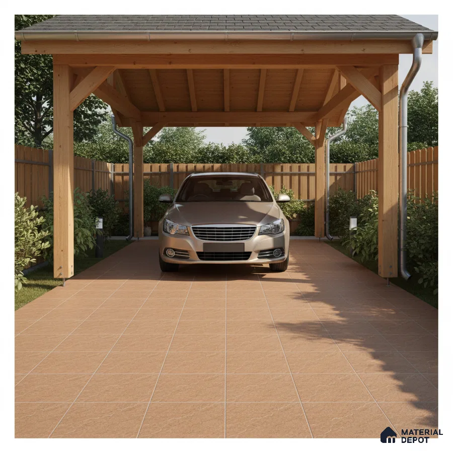 Modern parking with terracotta floor tiles and exposed wooden structure