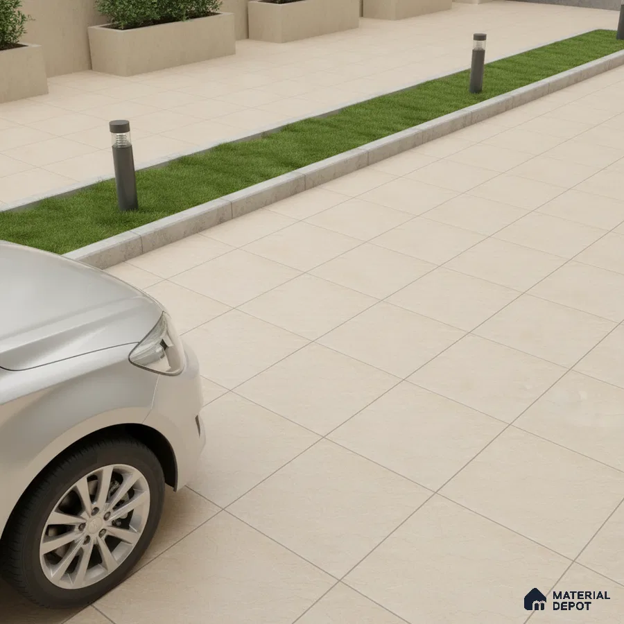 Modern parking area with beige matte floor tiles and green grass divider