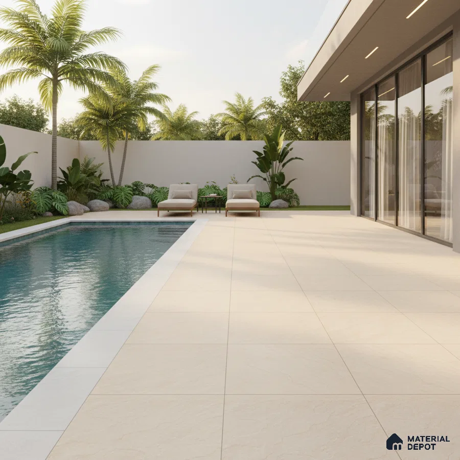 Modern outdoor poolside with beige stone-look floor tiles and tropical landscaping