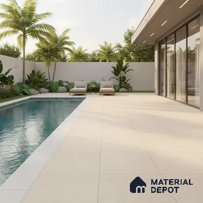 Modern outdoor poolside with beige stone-look floor tiles and tropical landscaping