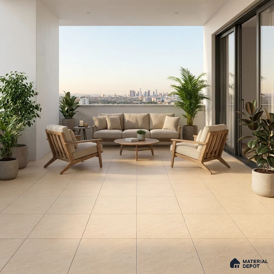 Scandinavian balcony with beige floor tiles and natural wood outdoor furniture