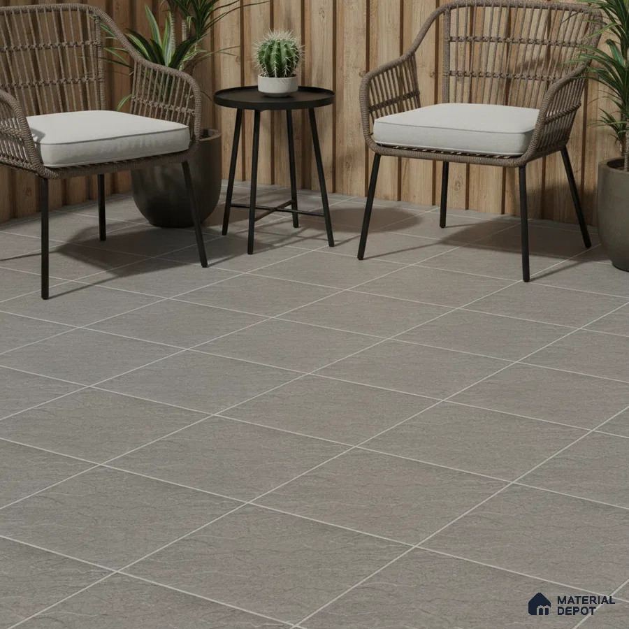Scandinavian balcony with grey stone-look floor tiles and natural wood wall panels