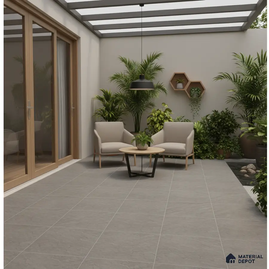 Modern outdoor patio with grey stone-look floor tiles and wooden framed glass doors
